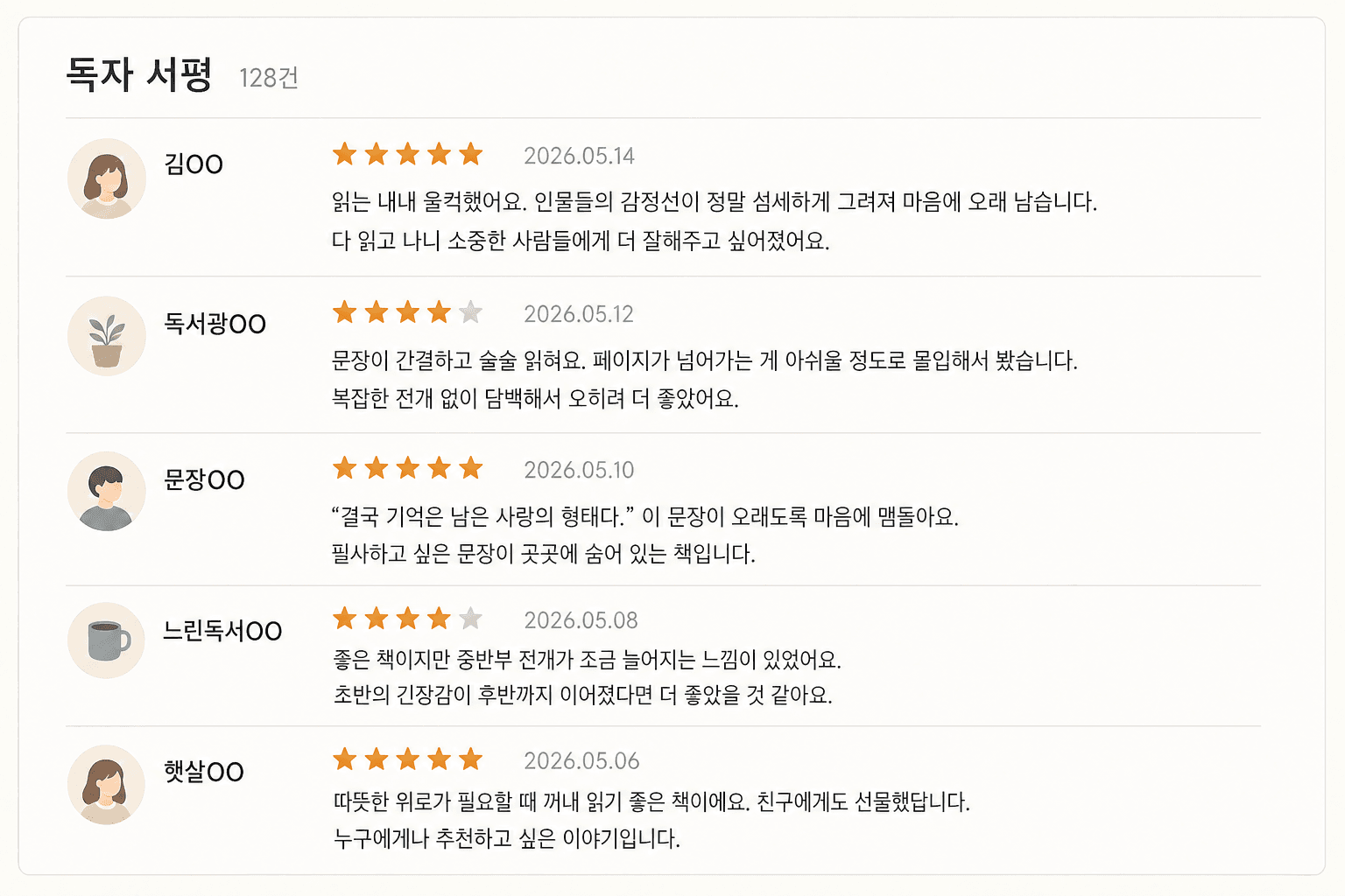 다섯 독자가 별점과 함께 남긴 다양한 서평 목록
